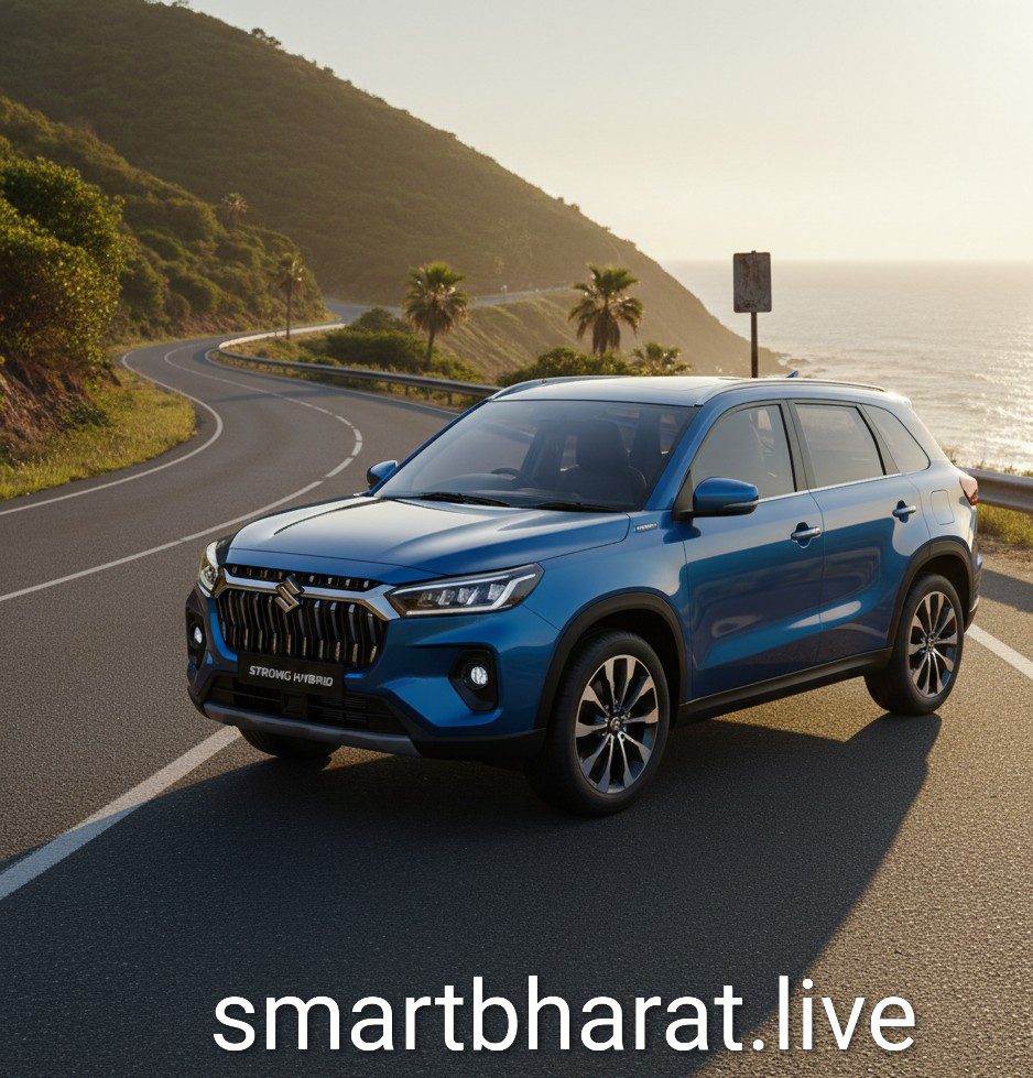 Blue suzuki victorious stand on road beside lake